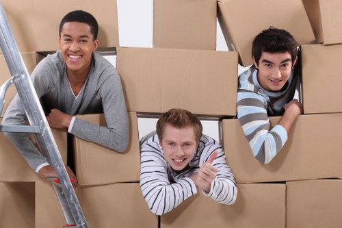 Packed boxes and removal team preparing for a local house move