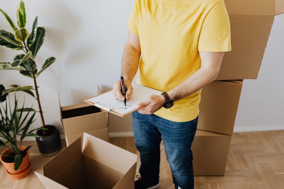 A person wearing a yellow T-shirt and blue jeans is standing next to open cardboard boxes in a room, holding a clipboard and a black marker, possibly preparing a moving checklist for house or office r