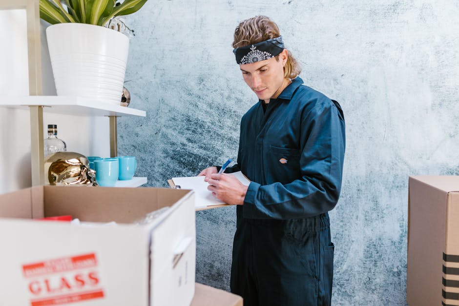 A person wearing a yellow T-shirt and blue jeans is standing next to open cardboard boxes in a room, holding a clipboard and a black marker, possibly preparing a moving checklist for house or office r